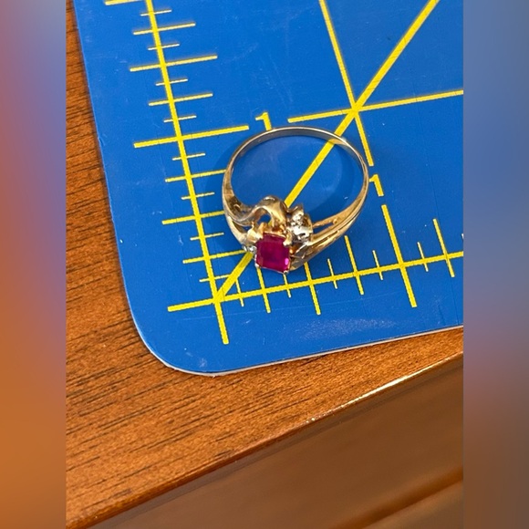 Vintage 10K Gold, Lab Created Ruby, and Diamond Ring Size 8 - Picture 5 of 9